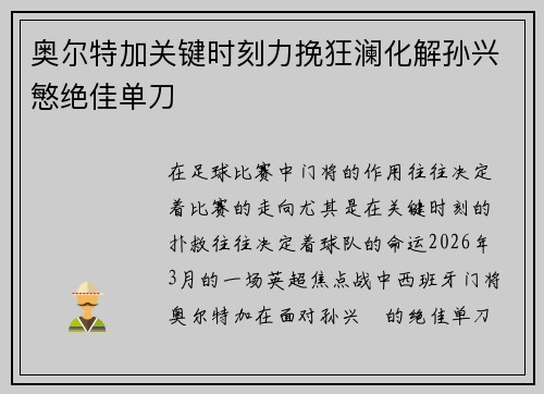 奥尔特加关键时刻力挽狂澜化解孙兴慜绝佳单刀