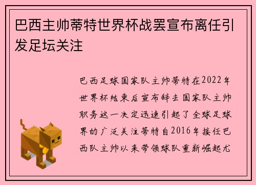 巴西主帅蒂特世界杯战罢宣布离任引发足坛关注