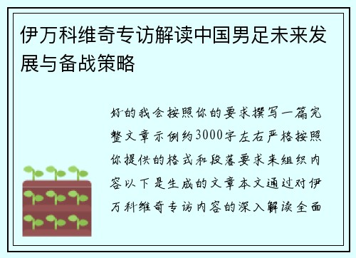 伊万科维奇专访解读中国男足未来发展与备战策略