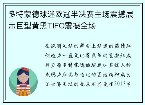 多特蒙德球迷欧冠半决赛主场震撼展示巨型黄黑TIFO震撼全场